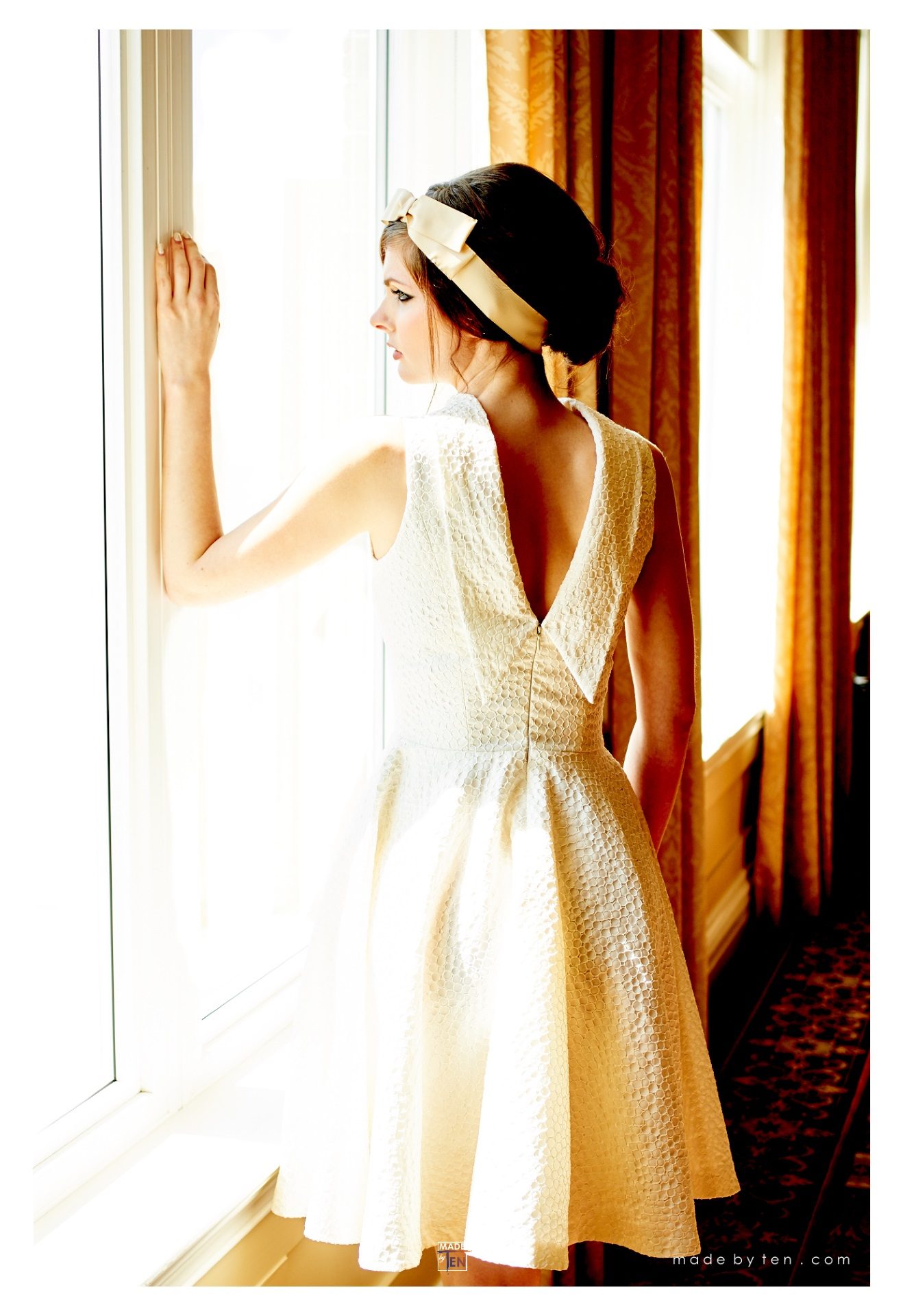 Woman Creative Dress Gold Window Drapes- GTA Women Fashion Photography